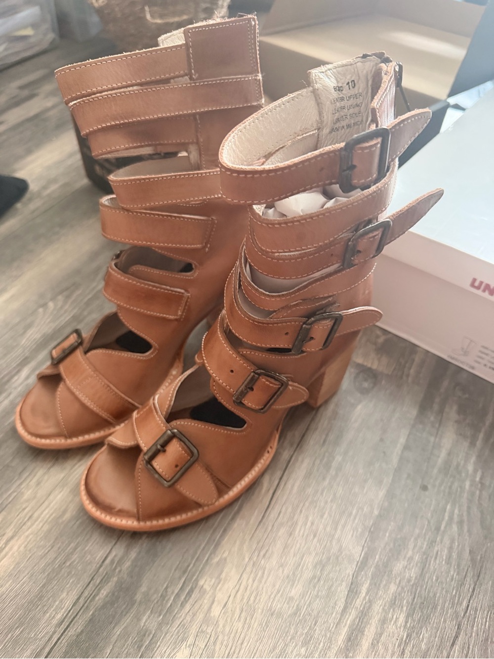 freebird Tan Multi-Buckle Heeled Gladiator Boots